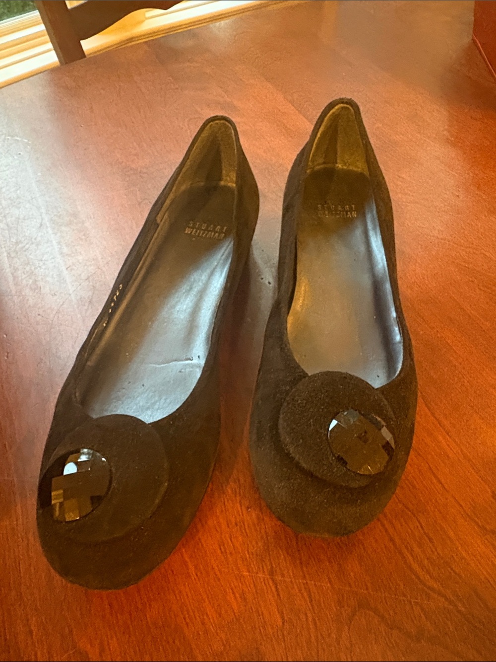Stuart Weitzman Black Suede Flats with Faceted Jewel Accent